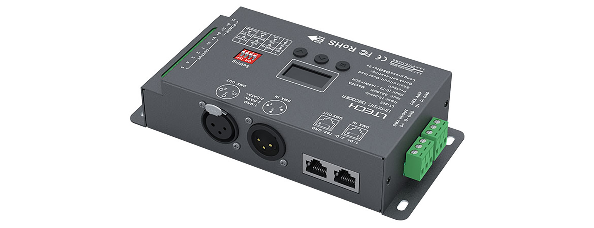 995  5Ch 6A CV DMX Decoder, 720W Max.Power, XLR-3, Green connector & RJ45 Port, Self testing, DMX512/RDM I/P signal, IP20.